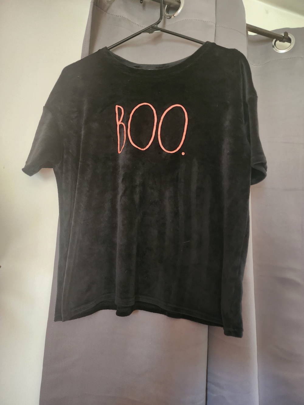 Rae Dunn Black Velvet Short Sleeve Tee with Orange "BOO." Graphic